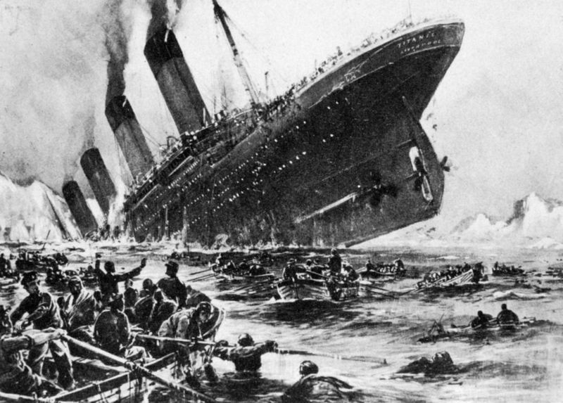 Illustration of the Titanic sinking, with lifeboats and passengers in the water in the foreground.